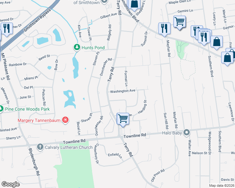 map of restaurants, bars, coffee shops, grocery stores, and more near 20 Chester Street in Smithtown