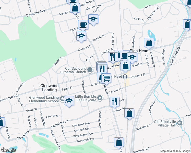 map of restaurants, bars, coffee shops, grocery stores, and more near 6 Smith Street in Glen Head
