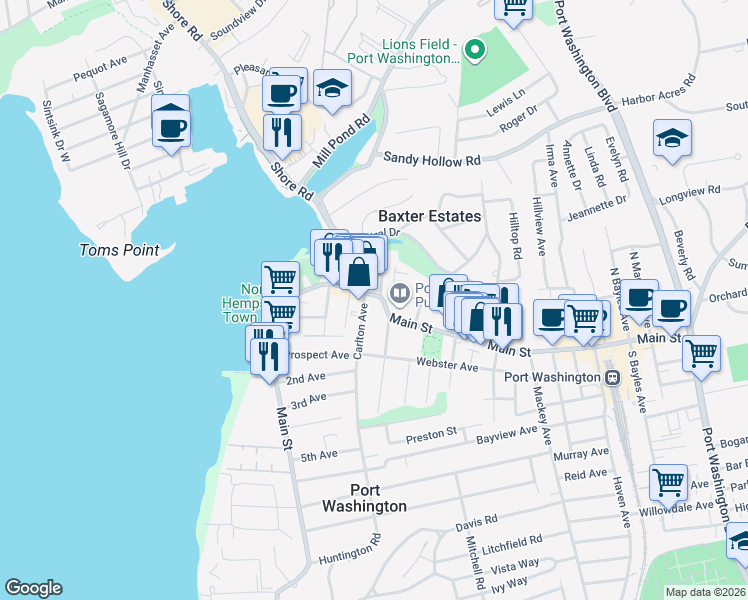 map of restaurants, bars, coffee shops, grocery stores, and more near 9 Carlton Avenue in Port Washington