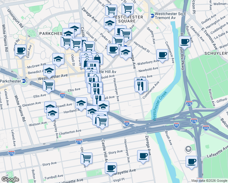 map of restaurants, bars, coffee shops, grocery stores, and more near 1151 Havemeyer Avenue in Bronx