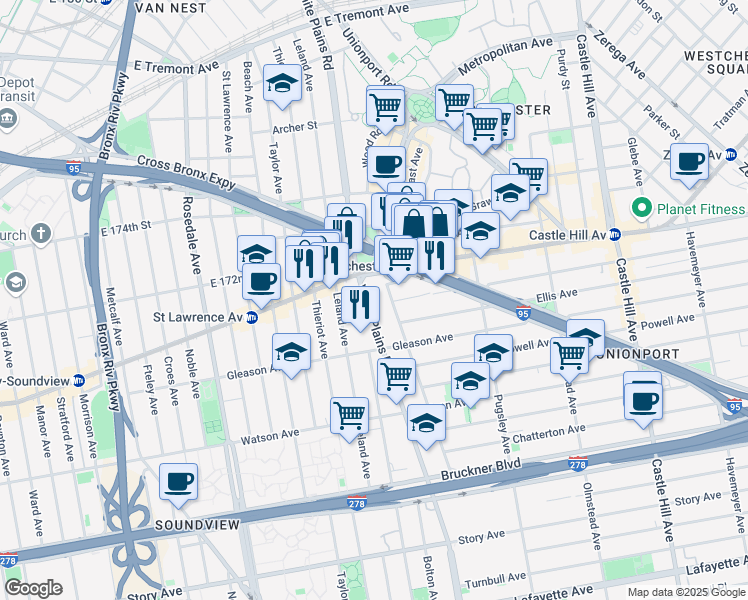map of restaurants, bars, coffee shops, grocery stores, and more near 1234 White Plains Road in Bronx