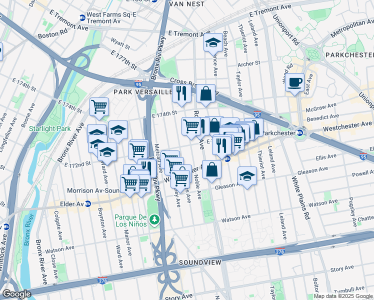 map of restaurants, bars, coffee shops, grocery stores, and more near 1265 Noble Avenue in Bronx