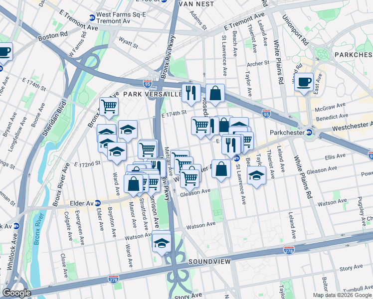 map of restaurants, bars, coffee shops, grocery stores, and more near 1266 Fteley Avenue in Bronx