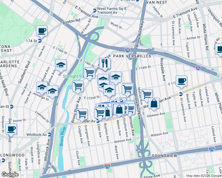 map of restaurants, bars, coffee shops, grocery stores, and more near 1558 East 172nd Street in Bronx