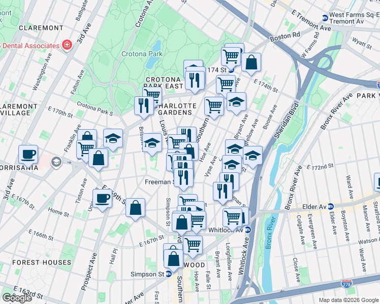 map of restaurants, bars, coffee shops, grocery stores, and more near 1327 Southern Boulevard in Bronx