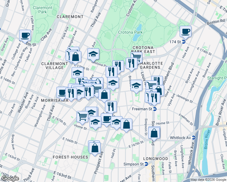map of restaurants, bars, coffee shops, grocery stores, and more near 1288 Union Avenue in Bronx