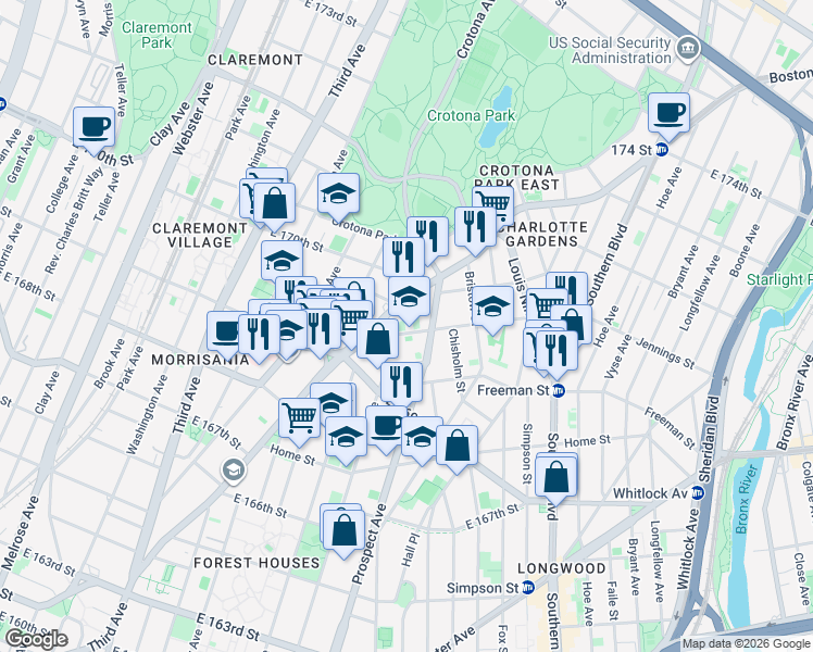 map of restaurants, bars, coffee shops, grocery stores, and more near 1288 Union Avenue in Bronx