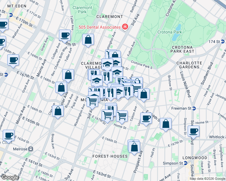 map of restaurants, bars, coffee shops, grocery stores, and more near 1235 Franklin Avenue in The Bronx