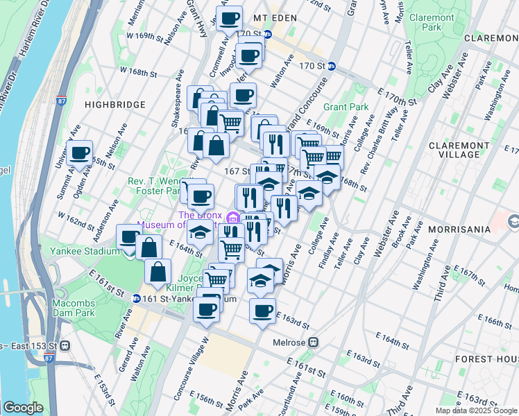 map of restaurants, bars, coffee shops, grocery stores, and more near 195 East 166th Street in Bronx
