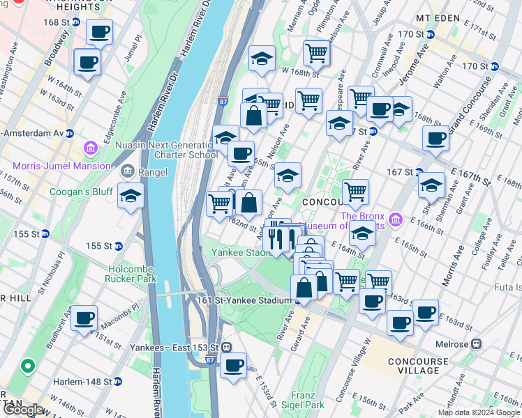 map of restaurants, bars, coffee shops, grocery stores, and more near 966 Anderson Avenue in Bronx