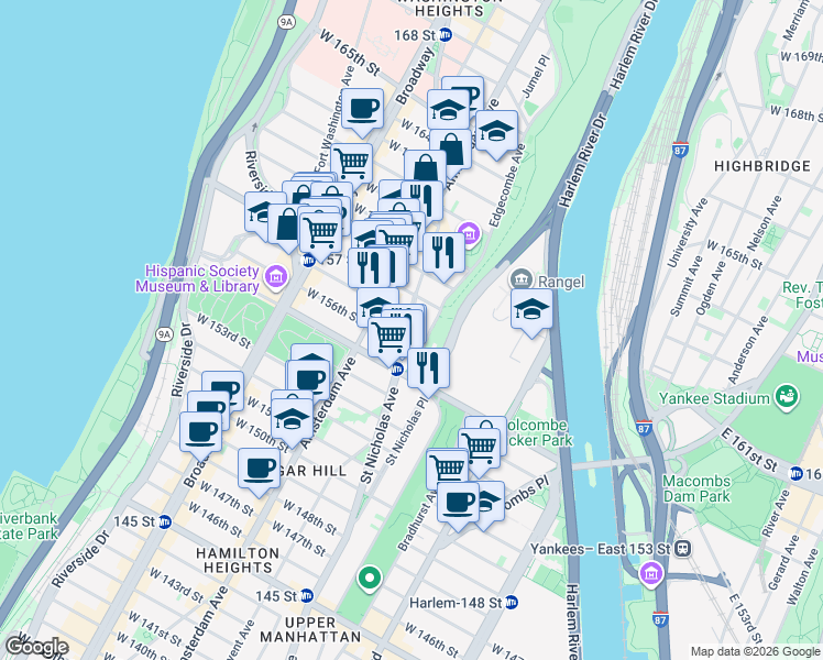 map of restaurants, bars, coffee shops, grocery stores, and more near 889 Saint Nicholas Avenue in New York