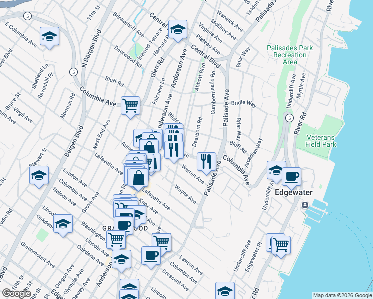 map of restaurants, bars, coffee shops, grocery stores, and more near 246 Columbia Avenue in Fort Lee