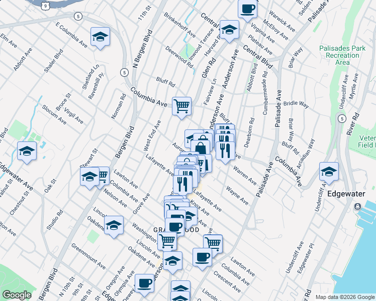 map of restaurants, bars, coffee shops, grocery stores, and more near 364 Aurora Avenue in Cliffside Park
