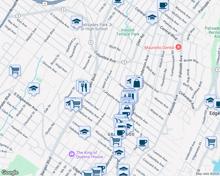 map of restaurants, bars, coffee shops, grocery stores, and more near 427 Lafayette Avenue in Cliffside Park
