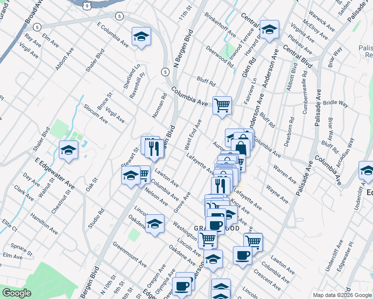 map of restaurants, bars, coffee shops, grocery stores, and more near 427 Lafayette Avenue in Cliffside Park