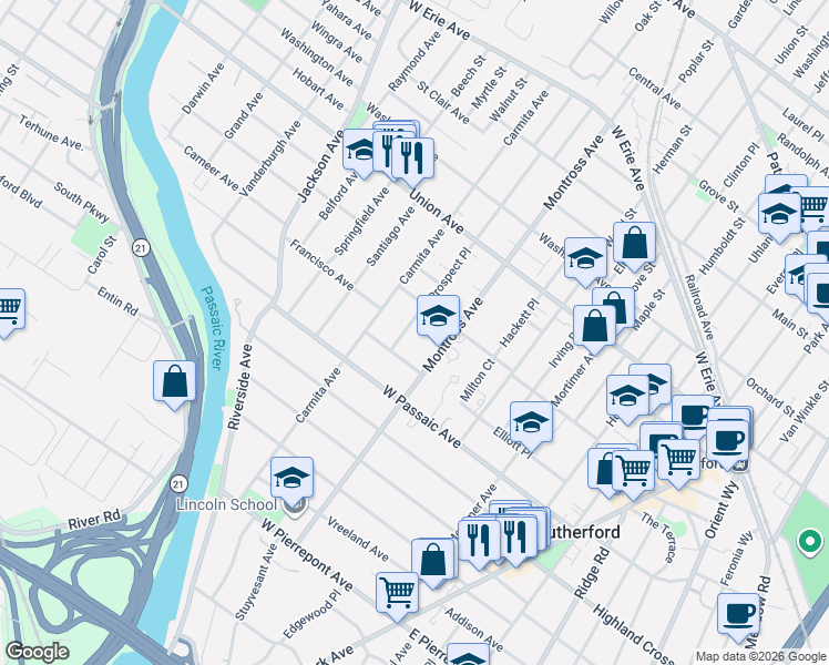 map of restaurants, bars, coffee shops, grocery stores, and more near 204 Hollister Avenue in Rutherford