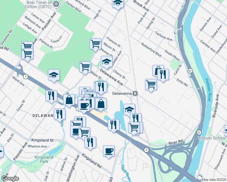 map of restaurants, bars, coffee shops, grocery stores, and more near 41 William Street in Clifton
