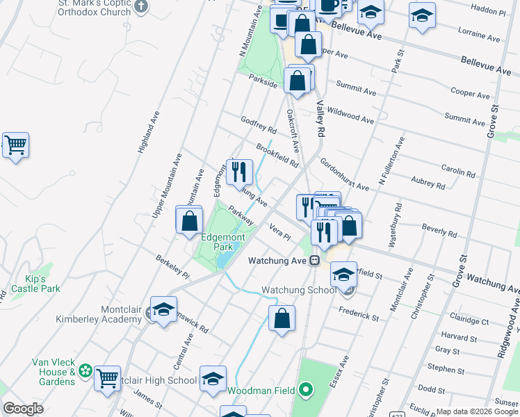 map of restaurants, bars, coffee shops, grocery stores, and more near 7 Parkway in Montclair