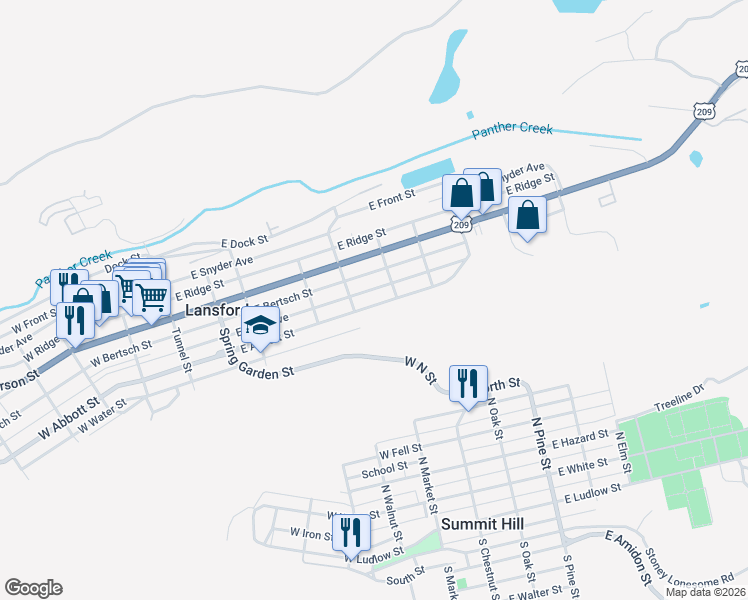 map of restaurants, bars, coffee shops, grocery stores, and more near 33 Powell Street in Lansford