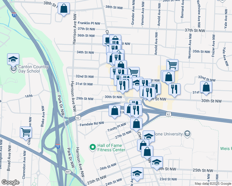 map of restaurants, bars, coffee shops, grocery stores, and more near 1518 30th Street Northwest in Canton