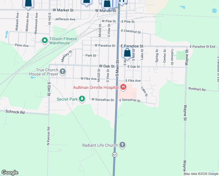 map of restaurants, bars, coffee shops, grocery stores, and more near 853 South Main Street in Orrville