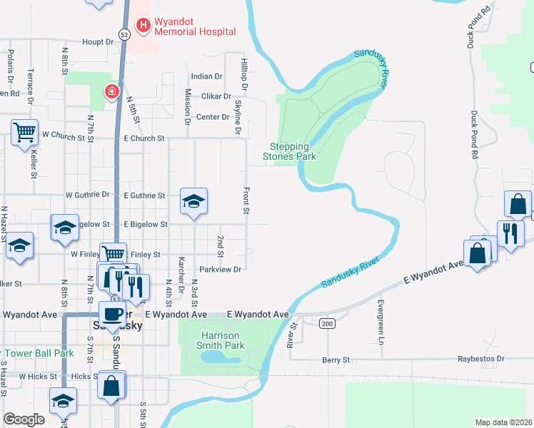 map of restaurants, bars, coffee shops, grocery stores, and more near 615 East Bigelow Street in Upper Sandusky