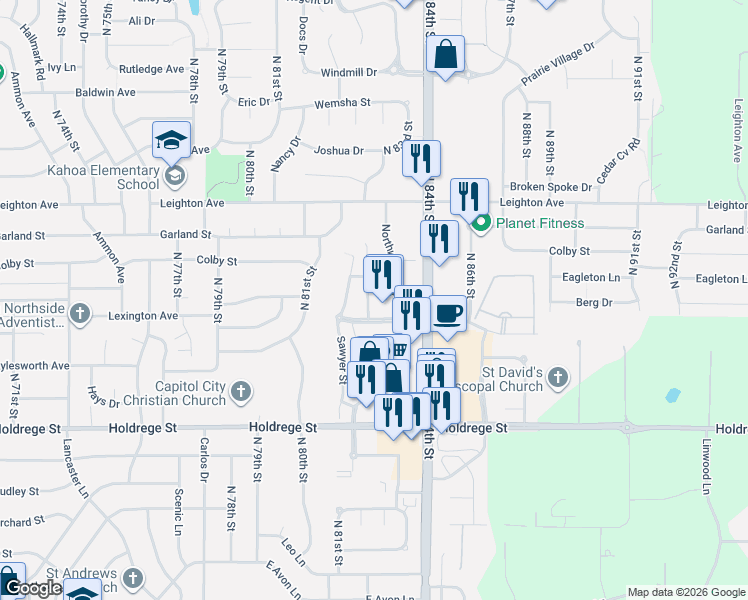 map of restaurants, bars, coffee shops, grocery stores, and more near 800 Northwoods Drive in Lincoln