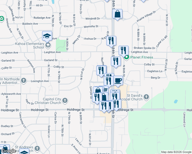 map of restaurants, bars, coffee shops, grocery stores, and more near 8112 Northern Lights Drive in Lincoln