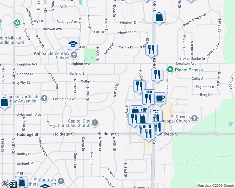 map of restaurants, bars, coffee shops, grocery stores, and more near 1845 Sawyer Street in Lincoln