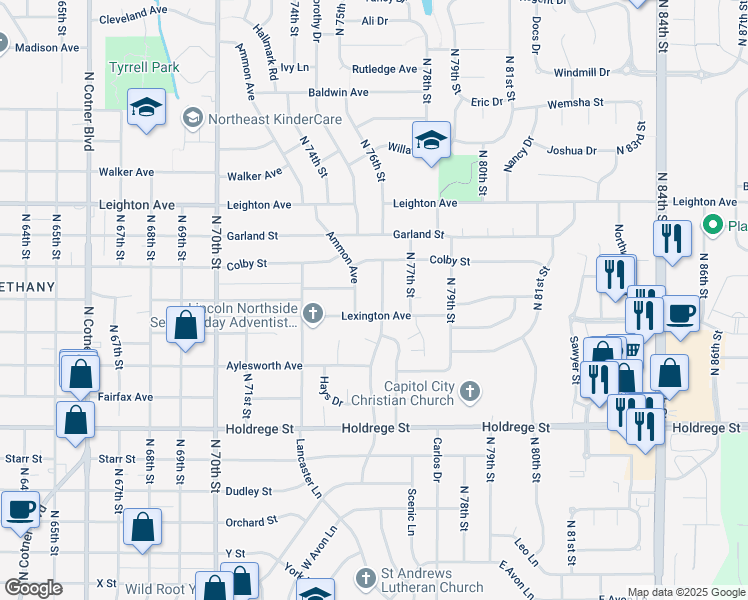 map of restaurants, bars, coffee shops, grocery stores, and more near 7541 Lexington Avenue in Lincoln