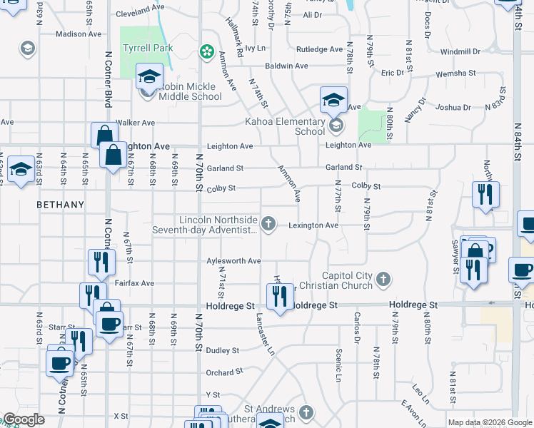 map of restaurants, bars, coffee shops, grocery stores, and more near 7300 Lexington Avenue in Lincoln