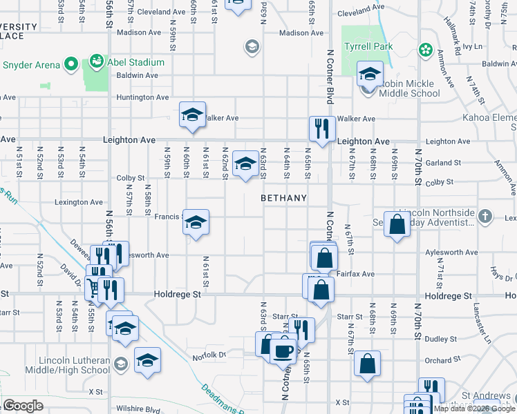 map of restaurants, bars, coffee shops, grocery stores, and more near 1840 North 63rd Street in Lincoln