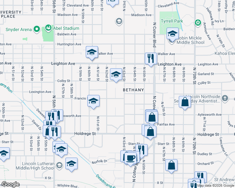 map of restaurants, bars, coffee shops, grocery stores, and more near 6255 Francis Street in Lincoln