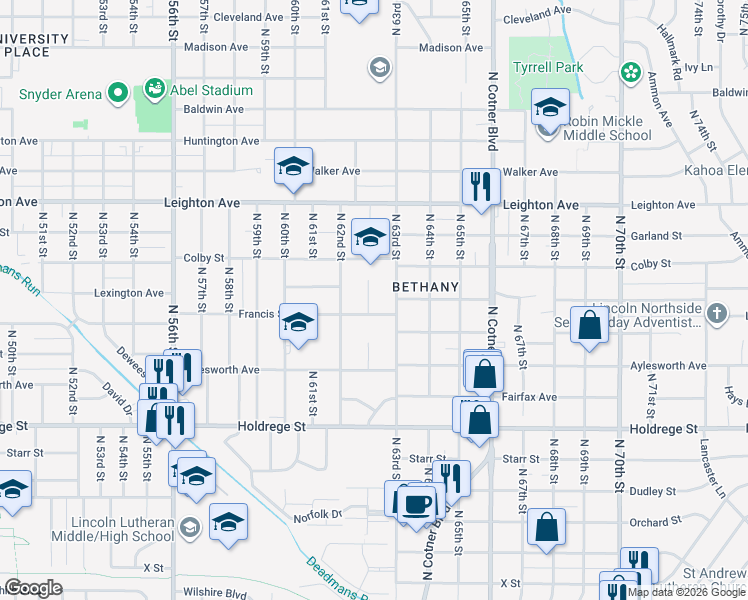 map of restaurants, bars, coffee shops, grocery stores, and more near 6255 Francis Street in Lincoln