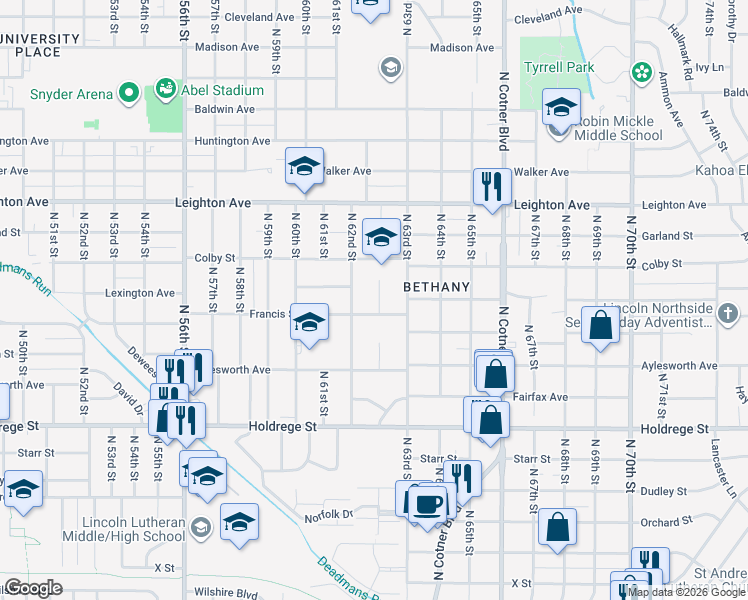 map of restaurants, bars, coffee shops, grocery stores, and more near 6255 Francis Street in Lincoln