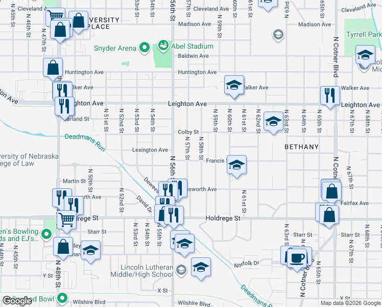 map of restaurants, bars, coffee shops, grocery stores, and more near 1845 North 58th Street in Lincoln