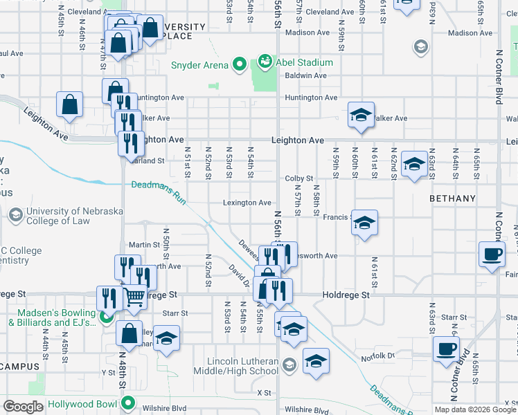 map of restaurants, bars, coffee shops, grocery stores, and more near 5450 Francis Street in Lincoln