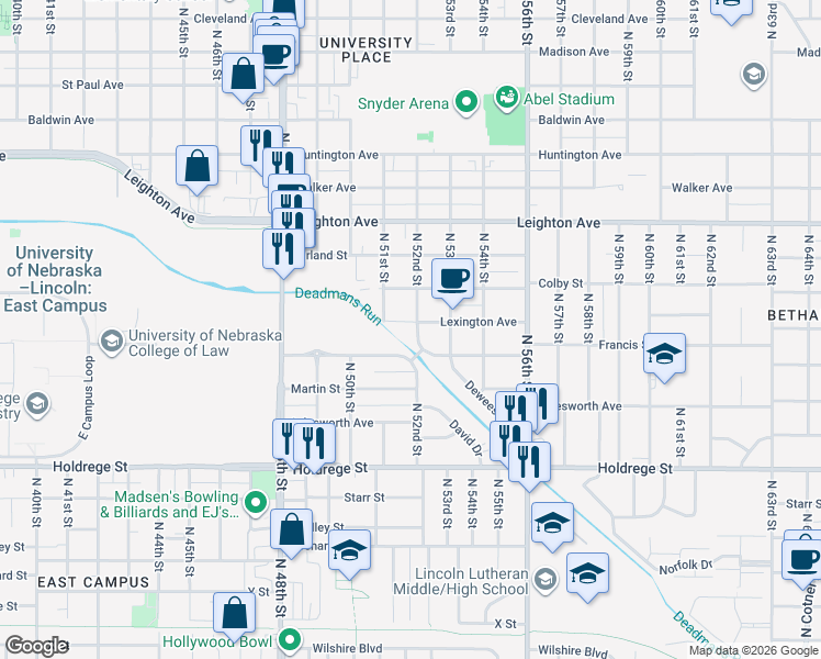 map of restaurants, bars, coffee shops, grocery stores, and more near 5200 Francis Street in Lincoln