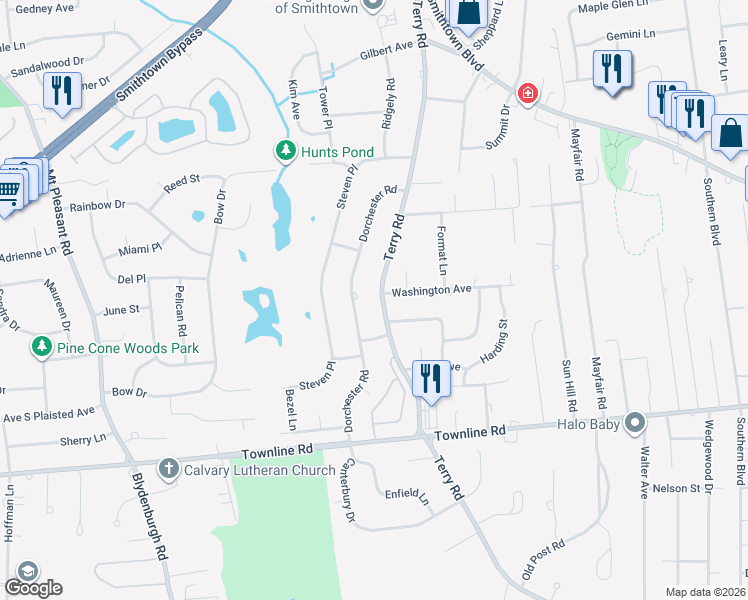 map of restaurants, bars, coffee shops, grocery stores, and more near 314 Terry Road in Smithtown