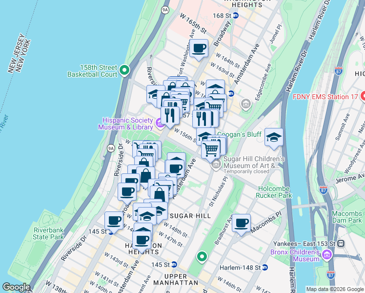 map of restaurants, bars, coffee shops, grocery stores, and more near 513 West 155th Street in New York