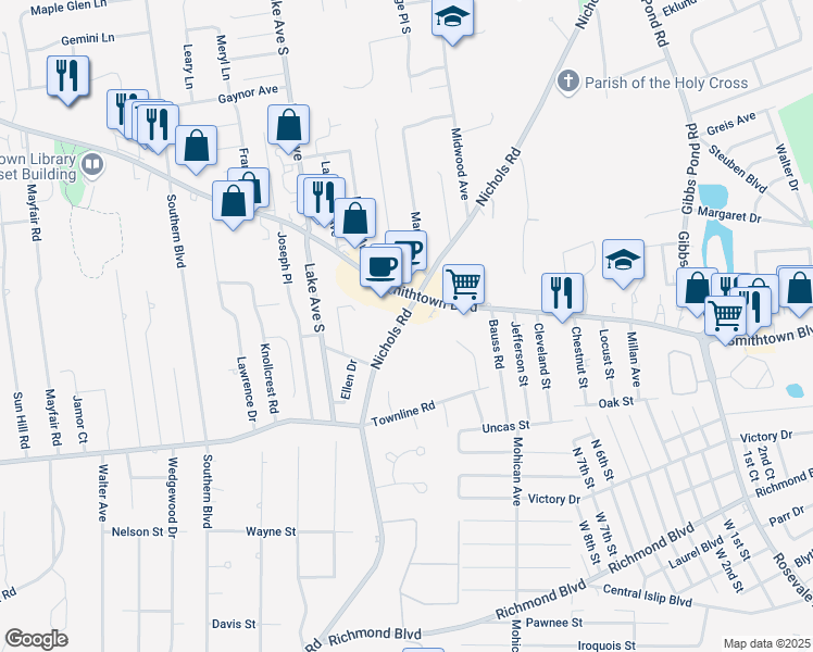 map of restaurants, bars, coffee shops, grocery stores, and more near 36 Nichols Road in Nesconset