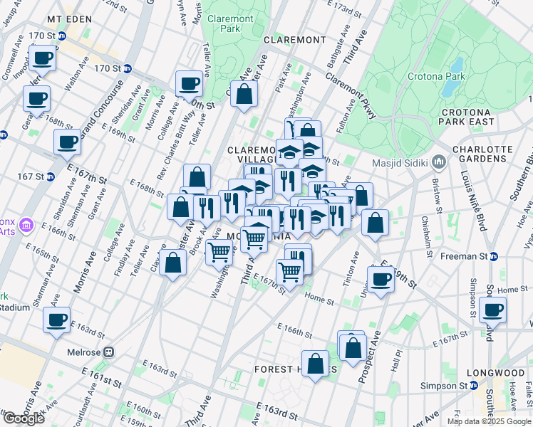 map of restaurants, bars, coffee shops, grocery stores, and more near Third Avenue in New York