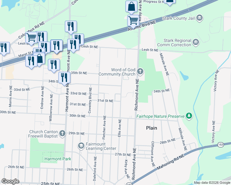 map of restaurants, bars, coffee shops, grocery stores, and more near 3109 Gilbert Circle Northeast in Canton