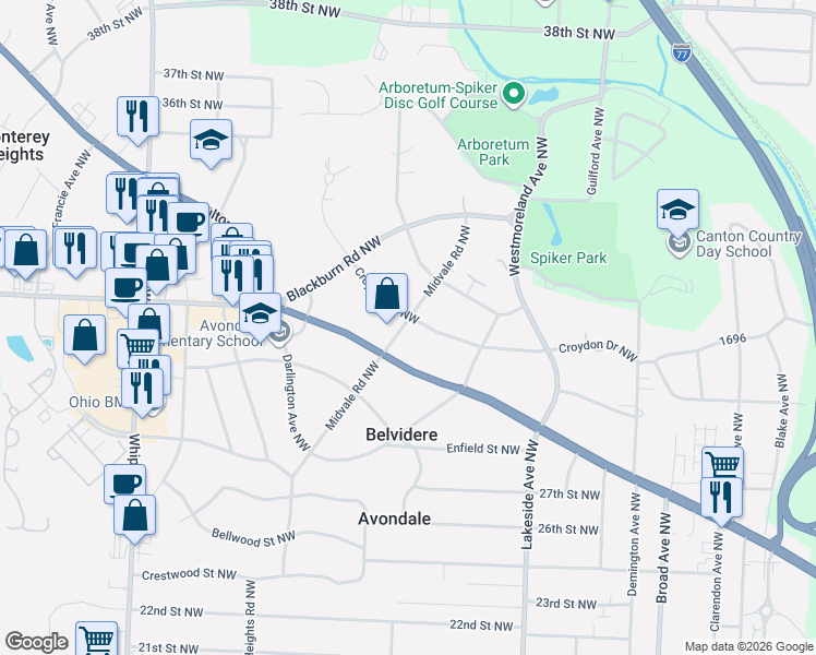map of restaurants, bars, coffee shops, grocery stores, and more near 3615 Fulton Drive Northwest in Canton