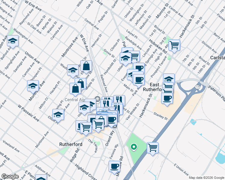 map of restaurants, bars, coffee shops, grocery stores, and more near 207 Everett Place in East Rutherford