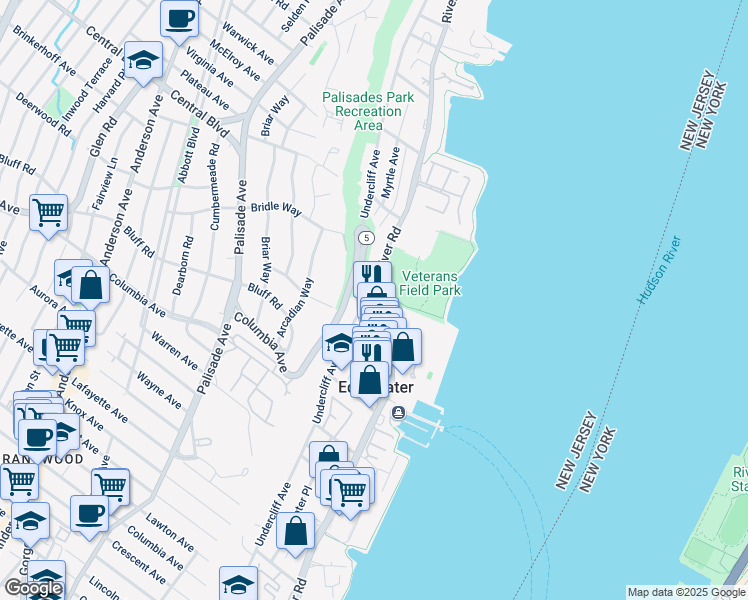 map of restaurants, bars, coffee shops, grocery stores, and more near 1080 River Road in Edgewater
