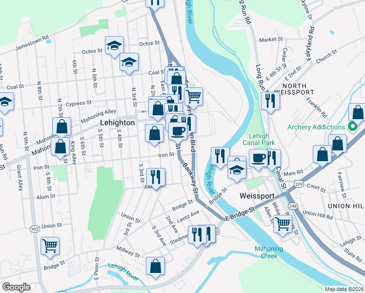 map of restaurants, bars, coffee shops, grocery stores, and more near 215 South 1st Street in Lehighton