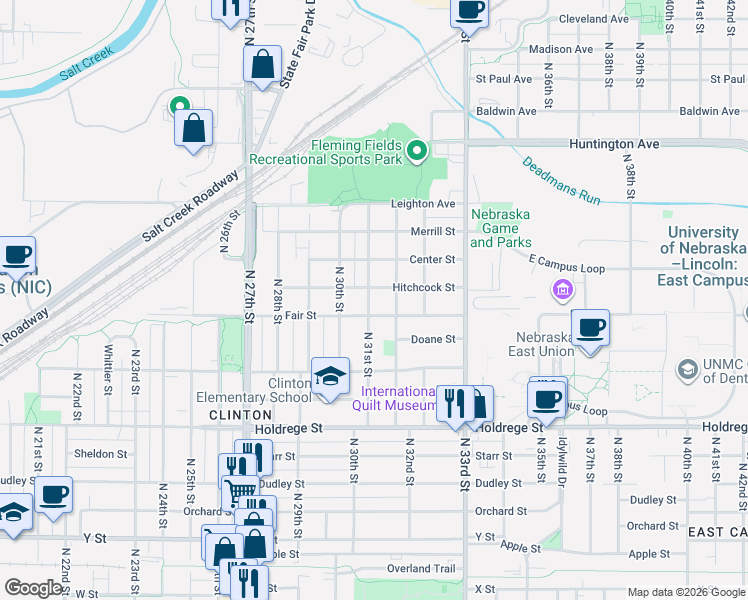map of restaurants, bars, coffee shops, grocery stores, and more near 1844 North 31st Street in Lincoln