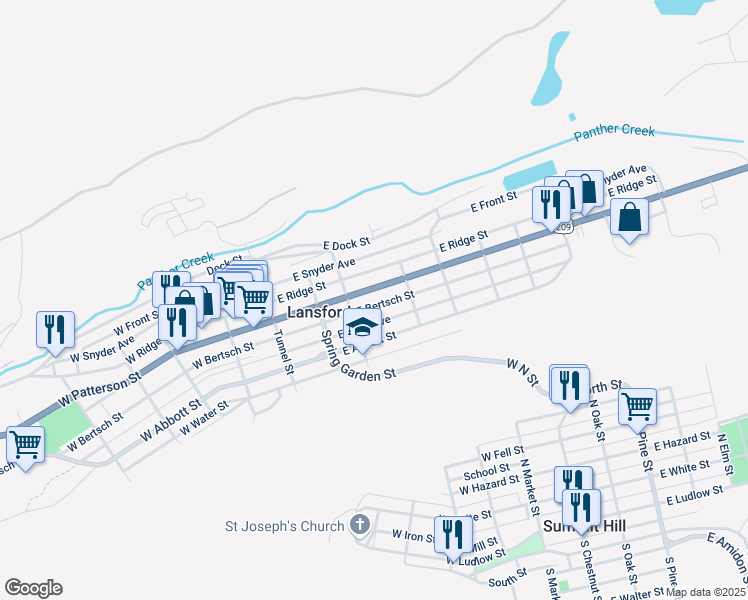 map of restaurants, bars, coffee shops, grocery stores, and more near East Bertsch Street in Lansford
