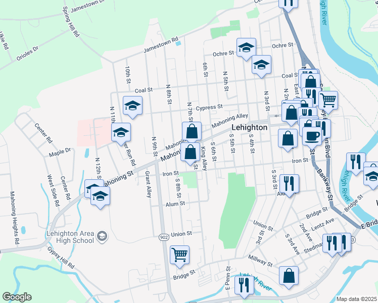 map of restaurants, bars, coffee shops, grocery stores, and more near 136 South 7th Street in Lehighton